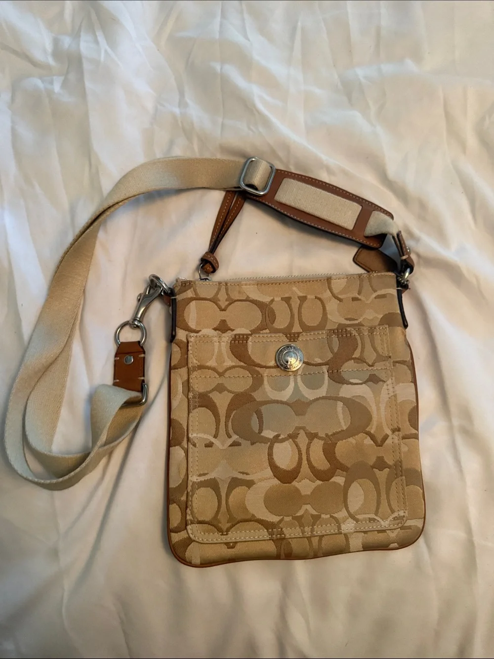 Coach Tan/Beige Signature Messenger Bag with Adjustable Canvas Strap